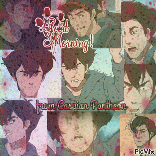 a collage of cartoon faces with the words good morning from caspian panther