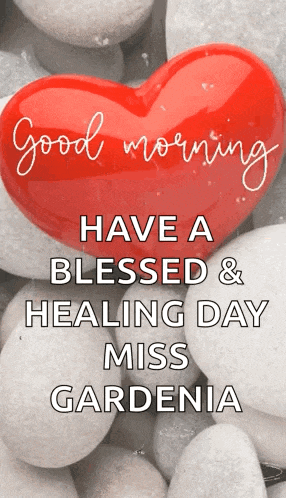 a red heart with the words " good morning have a blessed & healing day miss gardenia " on it