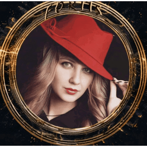 a woman in a red hat is in a gold frame with the word forces
