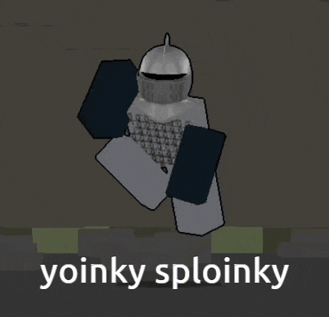 a knight in armor is dancing with the words yoinky sploinky behind him