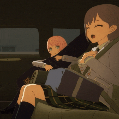 two anime girls are sitting in the back seat of a vehicle