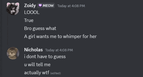 a screenshot of a conversation between zoidy meow and nicholas