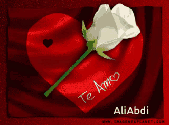 a red heart with a white rose and the words te amo aliabdi on it