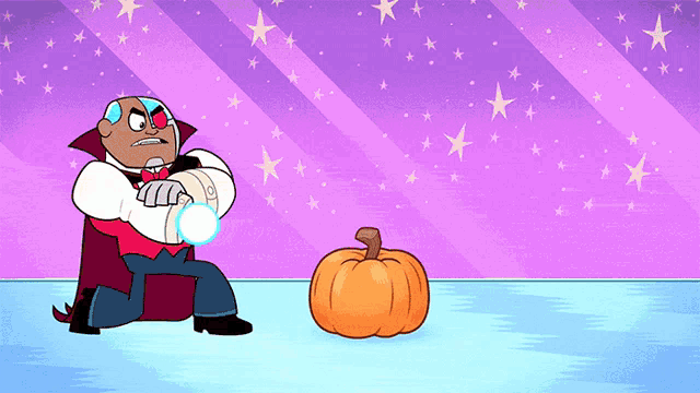 a cartoon character is standing next to a pumpkin with a purple background