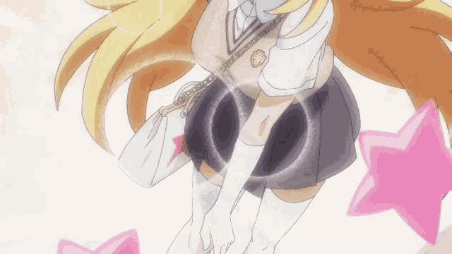 a girl in a school uniform is surrounded by pink star shaped objects