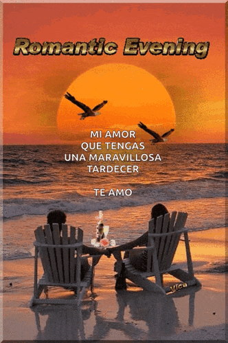 a couple sits in chairs on a beach with the words romantic evening