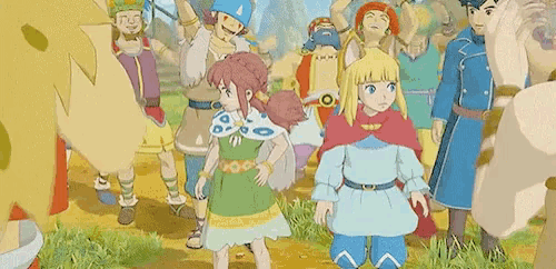 a group of cartoon characters are standing on a dirt path