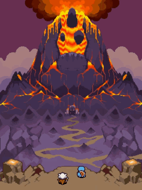 a pixel art drawing of a volcano with a skull on top
