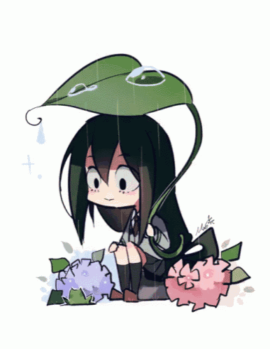 a drawing of a girl holding a green leaf
