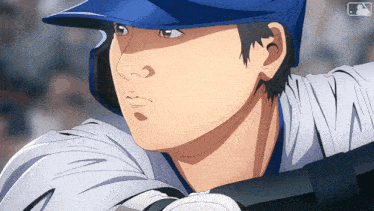 a close up of a baseball player 's face with a mlb logo behind him