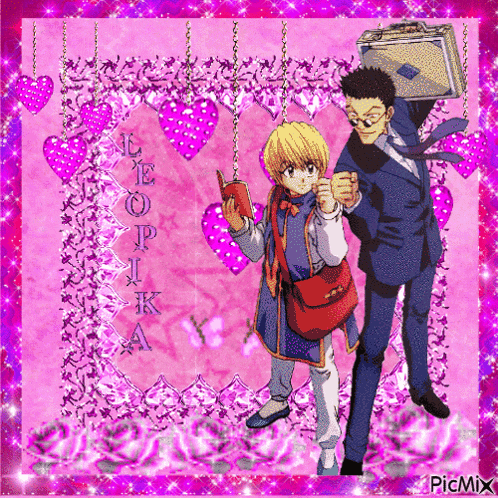 a couple of anime characters standing next to each other on a pink background with the word leoprika on it