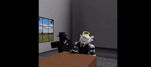 a man in a hat is standing in a room next to a table and a window .