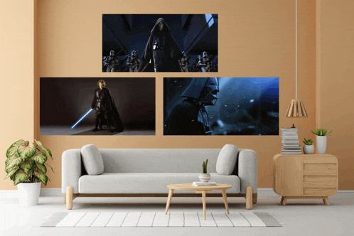 a living room with a couch a table and a few pictures on the wall