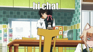 a cartoon of a boy sitting at a table with the words hi-chat written on the top