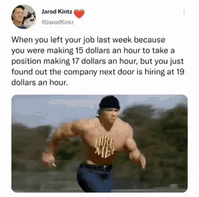 a shirtless man is running with a hire me shirt on his chest