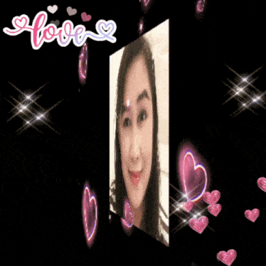 a woman 's face is surrounded by pink hearts and the word love is above her