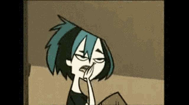 a cartoon character is covering her mouth with her hand .