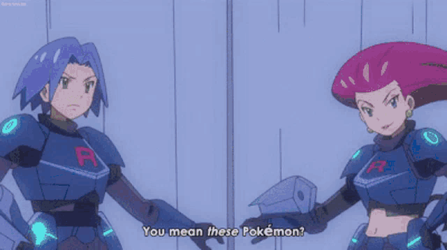 a couple of anime characters standing next to each other with one saying you mean these pokémon .