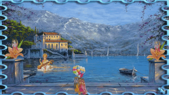 a painting of a woman holding a bunch of balloons in front of a lake