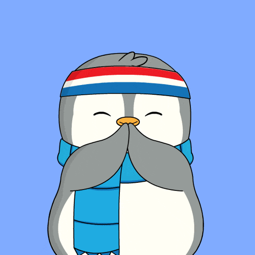 a penguin wearing a blue scarf and a headband
