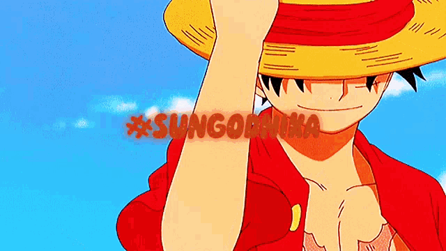 a man wearing a straw hat and a red shirt with the words sungorinha written on his arm