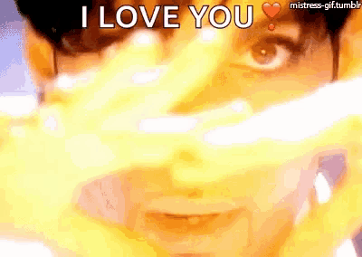 a close up of a woman 's face with the words " i love you " on it