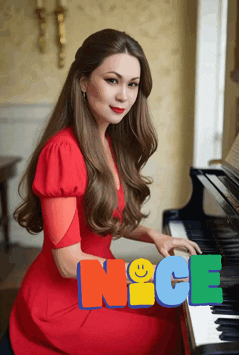 a woman in a red dress is playing a piano and the word nice is displayed above her