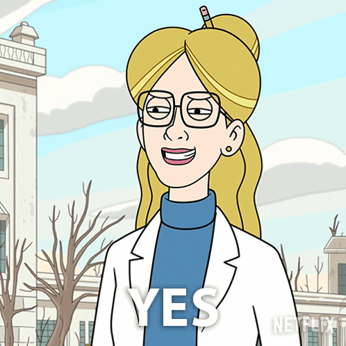 a cartoon of a woman in a lab coat with the word yes below her