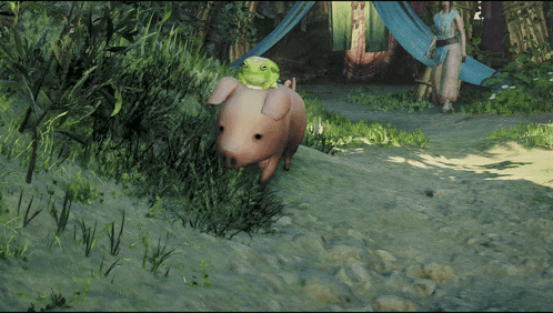 a pig with a green frog on its head in a video game