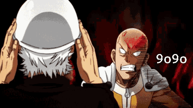 a cartoon of a man holding a helmet and another man with 9090 on his face
