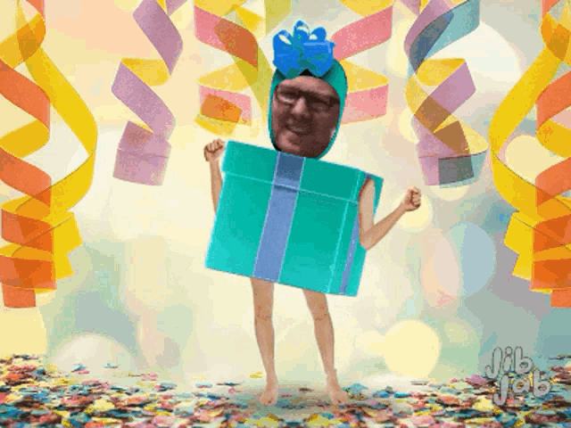 a cartoon of a man dressed as a gift box with a blue bow
