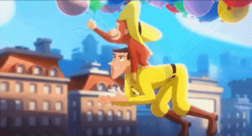 a man is carrying a monkey on his back while flying through the air .
