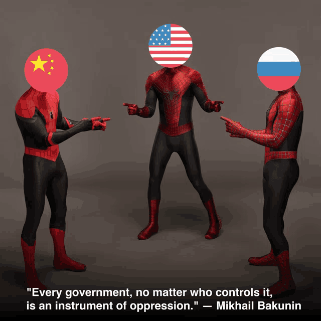 three spider-man standing next to each other with a quote from mikhail bakunin on the bottom