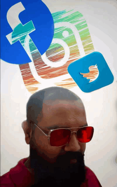 a man wearing red sunglasses is surrounded by social media icons like facebook instagram and twitter