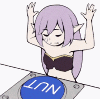 a cartoon of a girl with purple hair pressing a button that says nut .