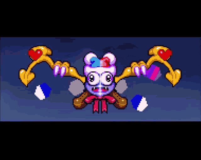 a pixel art of a clown and a girl with a black hole in the middle