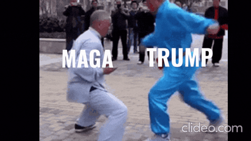 a man in a suit and blue pants is fighting another man in a suit and blue pants with maga trump written on it