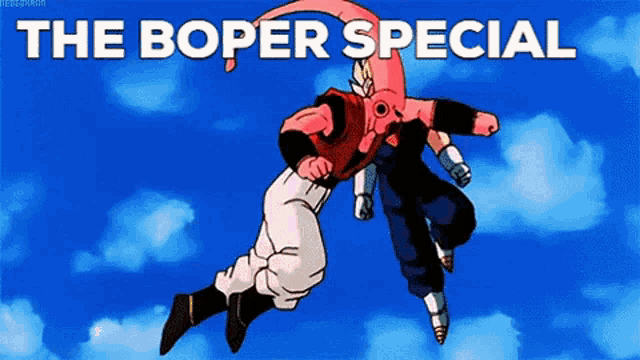two cartoon characters are flying in the air with the words the boper special written on the bottom