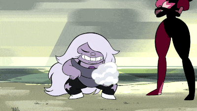 a cartoon character with purple hair is standing next to another character with red pants