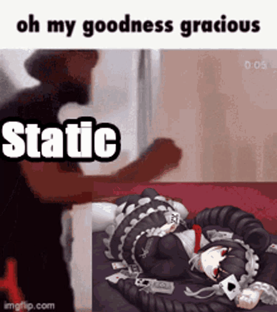 a man is standing next to a girl laying on a bed with the words oh my goodness gracious static .