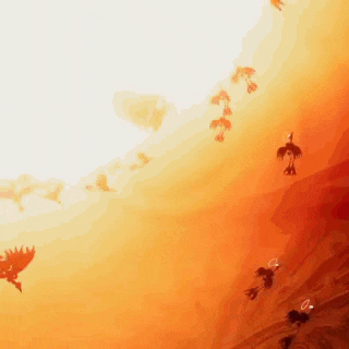 a flock of birds are flying in the sky in a painting .