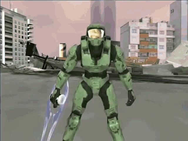 a video game character holding a sword in front of buildings