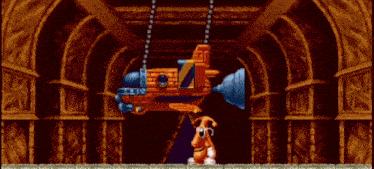 a video game scene with a cartoon character standing next to a large object that looks like a submarine