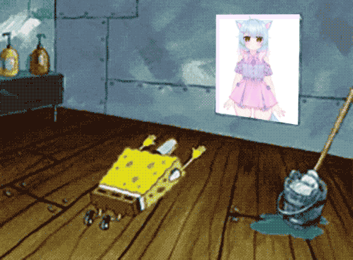 a picture of a girl is hanging on a wall next to a mop and spongebob