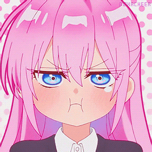 a girl with pink hair and blue eyes making a funny face