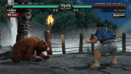 a video game screen shows a bear and a man fighting each other with the bear being 8th kyu