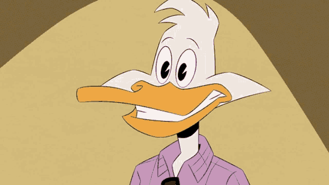 a cartoon duck is wearing a purple shirt