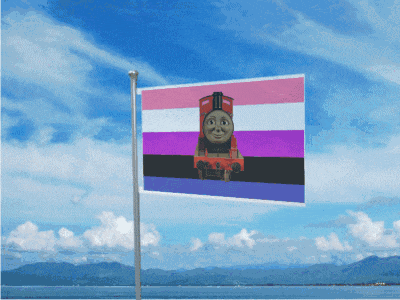 a flag with a picture of thomas the tank engine on it