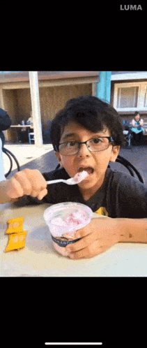 a young boy wearing glasses is eating ice cream from a cup with a spoon .
