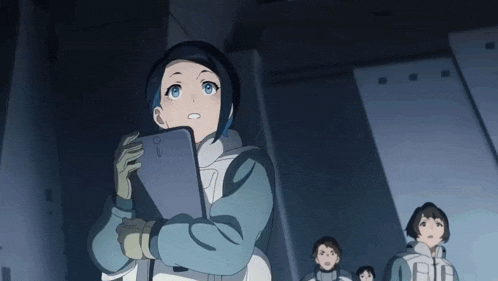 a girl with blue hair is holding a clipboard with the letters gto on it